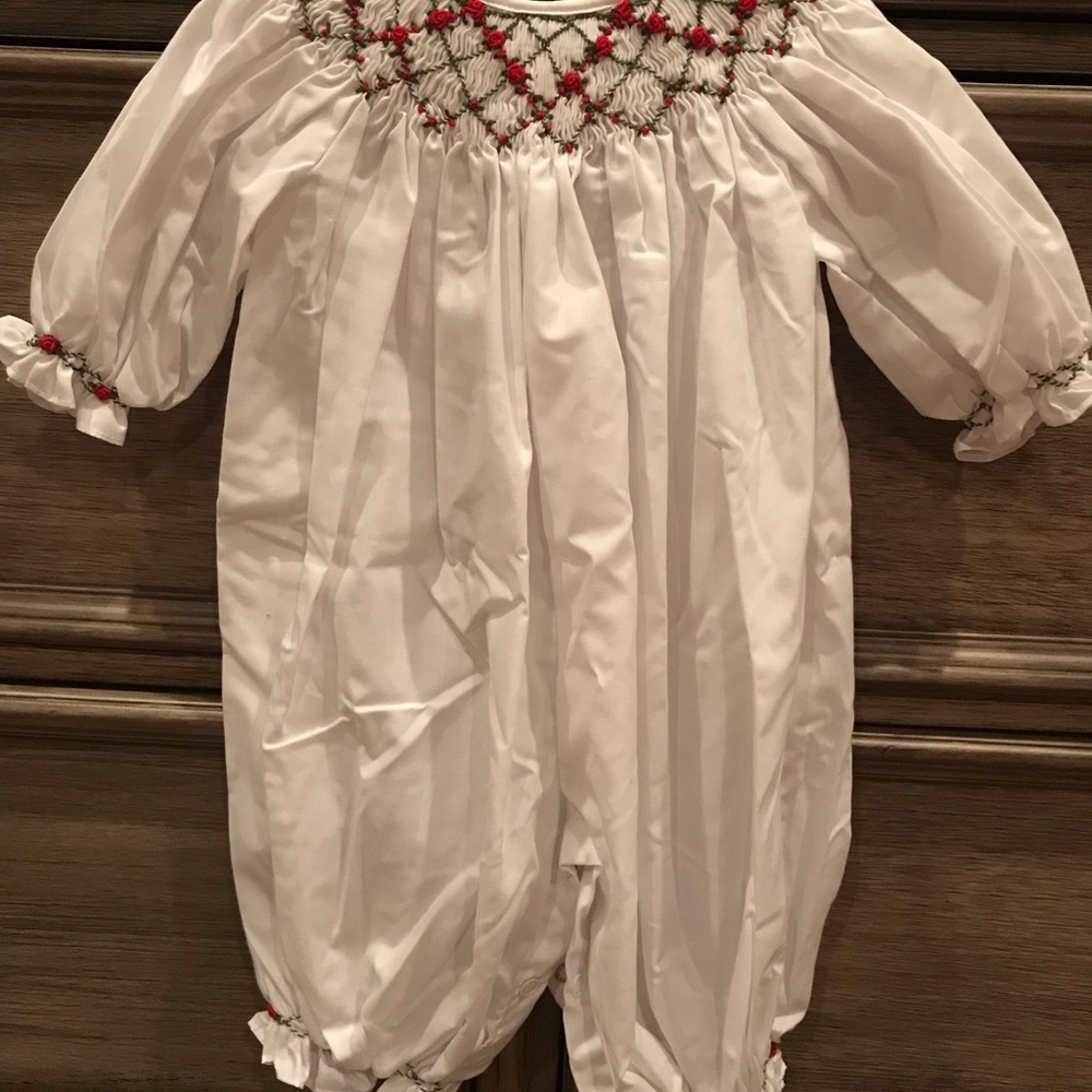 White long sleeve smocked pants